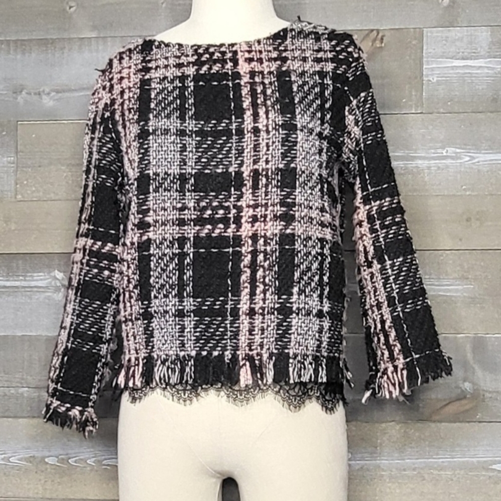 Zara White/Black/Pink Plaid Tweed And Lace Frayed Trim 3/4" Sleeve Lengt…